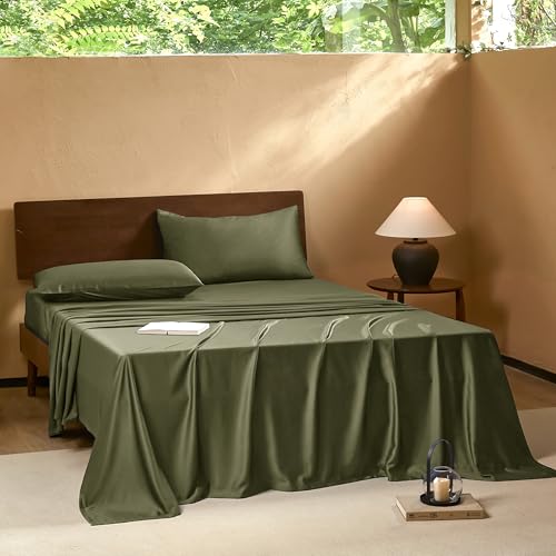 Image of EVERLY Queen Sheets Set,Luxuriously 400 Thread Count Organic Viscose Derived from Bamboo Bed Sheet,Cooling Sheets for Queen Size 4 Piece Deep Pockets Bedding Sheets &Pillowcases-Olive Green