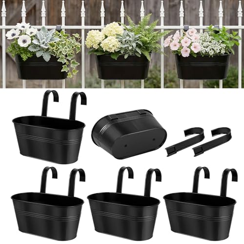 Image of 11 Inch Railing Planter Box, 5 Pack Metal Hanging Planters with Hooks