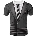 FEESHOW Herren Lustiger Tshirt Kurzarm Gefälschter Anzug Smoking Fliege Weste Hemd 3D Gedruckte Shirt Sommermode Streetwear Dunkelgrau XL