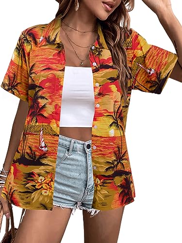 NANYUAYA Hawaiian Shirts for Women : Beach Palm Printed Tops Tropical Button Down Shirt Short Sleeve Hawaii Party Summer Top Blouse, Red, M