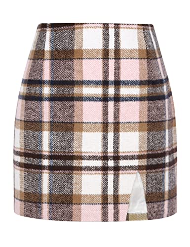 Idealsanxun Pink Plaid Skirts For Womens High Waisted Fall Winter Wool Bodycon Pencil Mini Skirts With Slit cover
