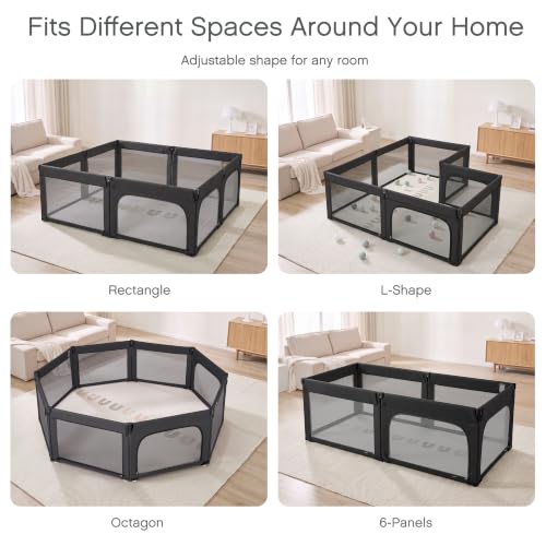 Image of Doradotey 8-Panel Foldable Baby Playpen for Toddlers 1-3, Adjustable Shape Large 59 inchx59 inch Indoor Playard, No Tools Assembly, 360 Breathable Mesh, Separate Washable Panels Safety Fence,Black