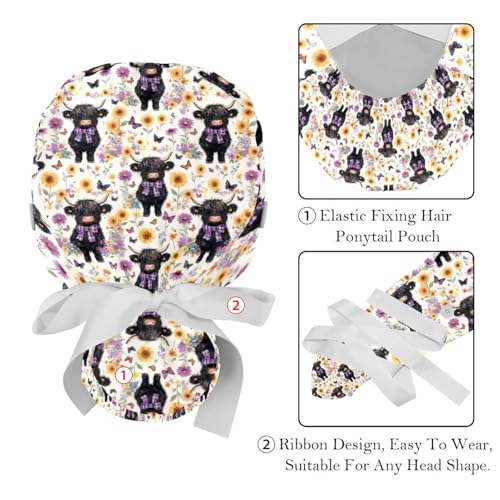 Image of 2 PCS Bouffant Cap with Button Ponytail Pouch Working Cap Sweatband Adjustable Surgical Cap Black and White Cow