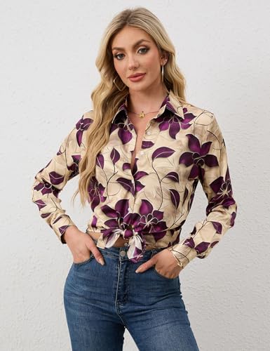 Wrinkle-Resistant Women Silky Button Down Shirts 2025 Fashion Printed Long Sleeve Blouse Dressy Casual Tops4