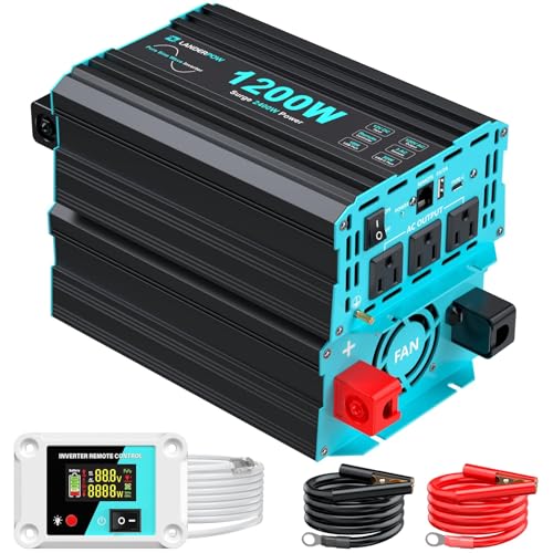 Image of LANDERPOW 1200 Watt Pure Sine Wave Inverter, Power Inverter for Car, Camping, Solar, RV, Truck, Home, 12V DC to 120V AC Inverters with 3 AC Outlet, 30W USB-C, 5V 3.1A USB, Remote Control, Surge 2400W