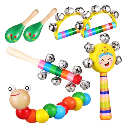 NULYLU 1 セット ガラガラおもちゃ 楽器 木製マラカス シェーカーベル タンバリンベル ハンドパーカッションガラガラ 握手ベル 揺れる鐘 教育器具 パーティー用ハンドベル
