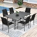 Anmutig 7-Piece Outdoor Patio Dining Set, 63" Anti-Rust Powder Coated Steel Table with 2-Size Umbrella Hole, 6 Stackable Textilene Chairs, Dark Grey for Garden Backyard