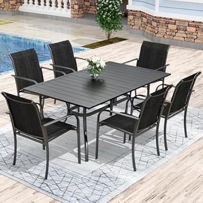 Anmutig 7-Piece Outdoor Patio Dining Set, 63" Anti-Rust Powder Coated Steel Table with 2-Size Umbrella Hole, 6 Stackable Textilene Chairs, Dark Grey for Garden Backyard