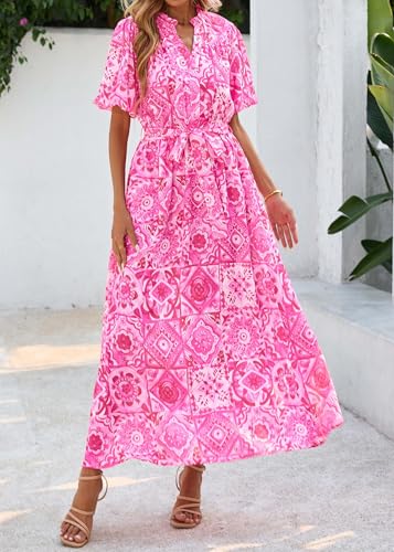 Image of KIRUNDO Women Spring Summer Wedding Guest Boho Floral Maxi Dress Puff Sleeve Button Shirt V Neck Flowy Beach Vacation Dress