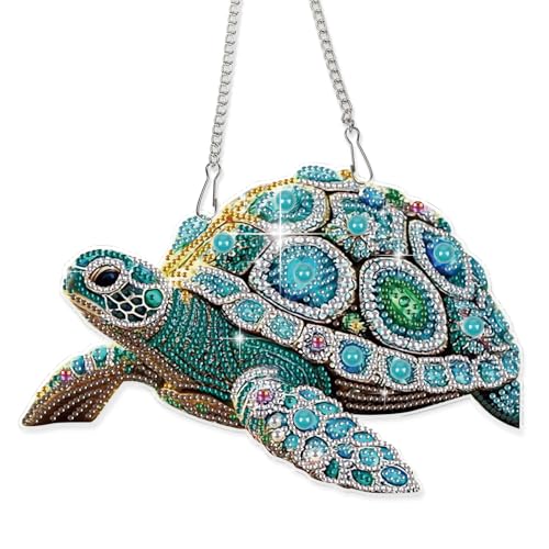 Image of DIY Oversized Diamond Painting Sea Turtle Hanging Ornament Kit - 5D Crystal Turtle Wall Art Craft with Chain - Ocean Animal Diamond Art Suncatcher Decoration for Home Window Door Balcony Gift Idea