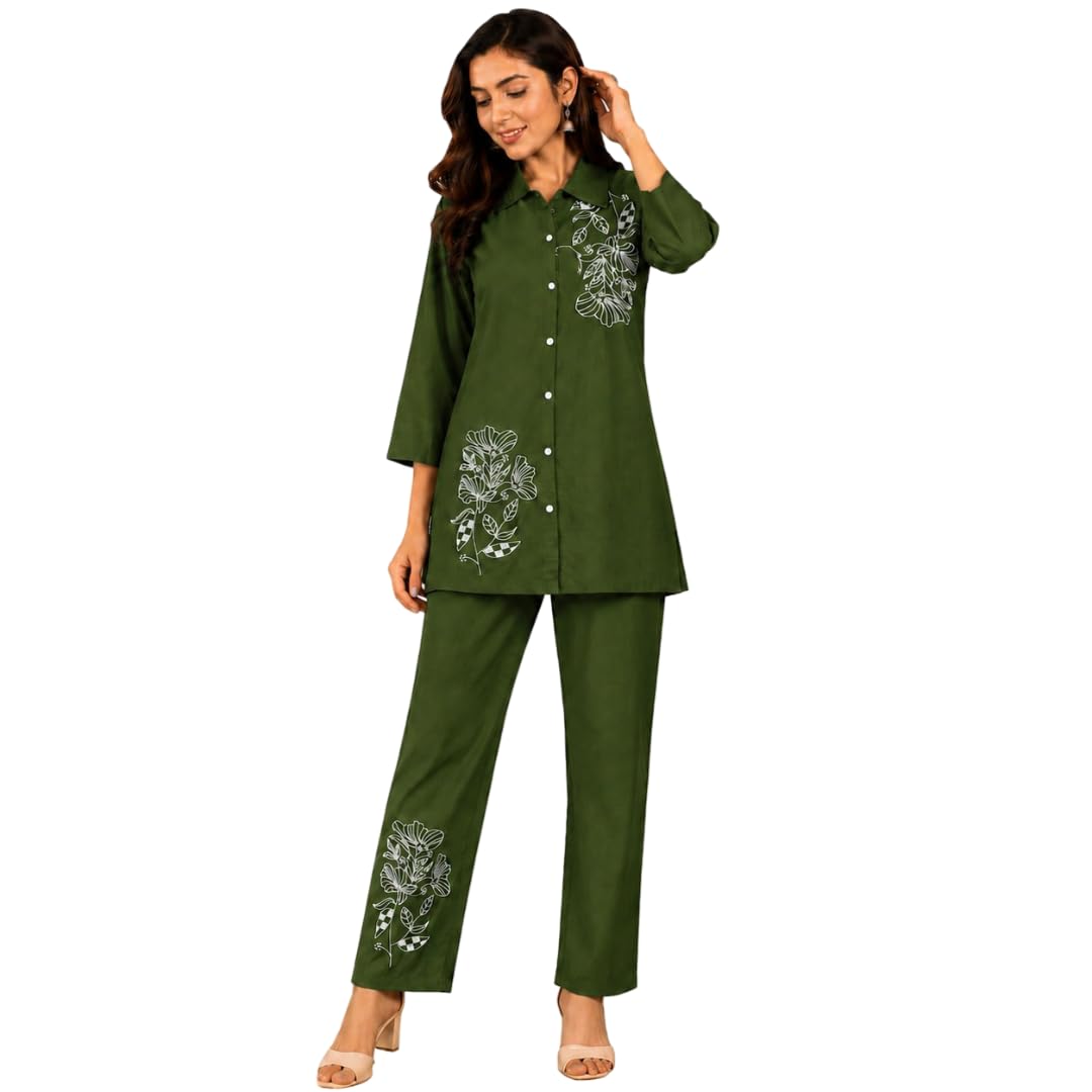 Women's Cotton Blend Floral Printed Co-Ord Set | Shirt Collar Kurta with Straight Pants | Casual Ethnic Wear for Women | Coffee Brown-image-5