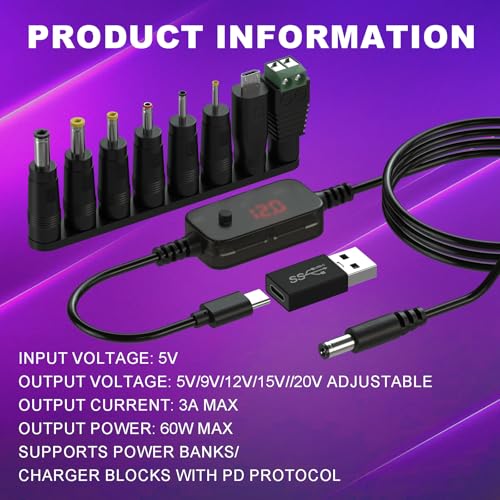 DROK LED Display USB to 12V Adapter - DC Voltage Regulator Adjustable 5V/9V/12V/15V/20V Boost Converter, 3.28FT/1m Step Up Converter with 8 DC Plug and USB Adapter4