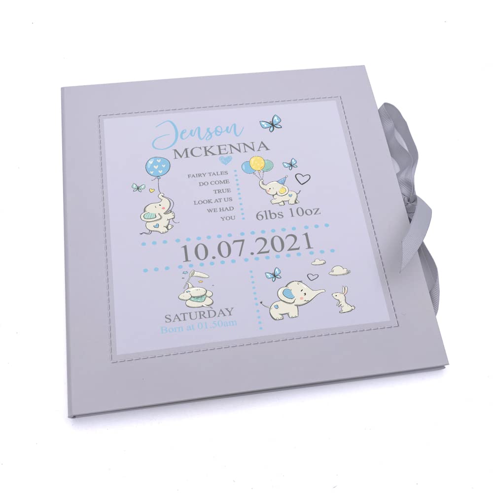 Ukgiftstoreonline Men's White Or Beige Or Cream Personalised Baby Boy My First Year Keepsake Record Book With Elephants