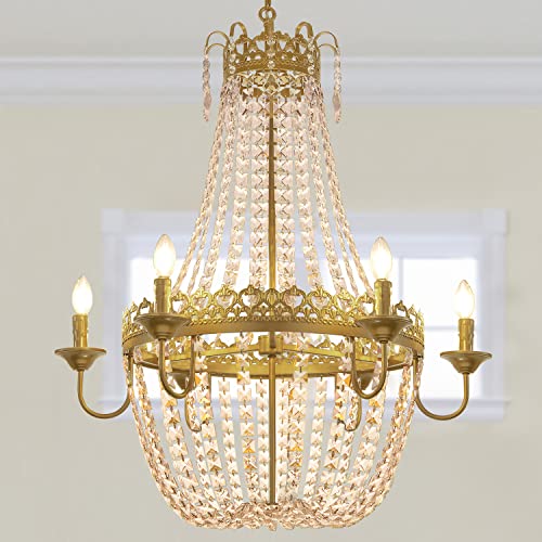 Wellmet French Empire Crystal Chandelier Modern Adjustable Hanging Pendant Ceiling Mount Light Fixture for Hallway Dining Living Room Bedroom Foyer, H 38.2" x W 31.5", Gold, 6-Light, E12 Base