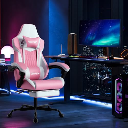 Image of Gaming Chair with Footrest, High Back Gaming Chairs PVC Leather Ergonomic Gamer Chair with Adjustable Headrest Lumbar Support Racing Style Video Gaming Chair for Office /Home (Pink)