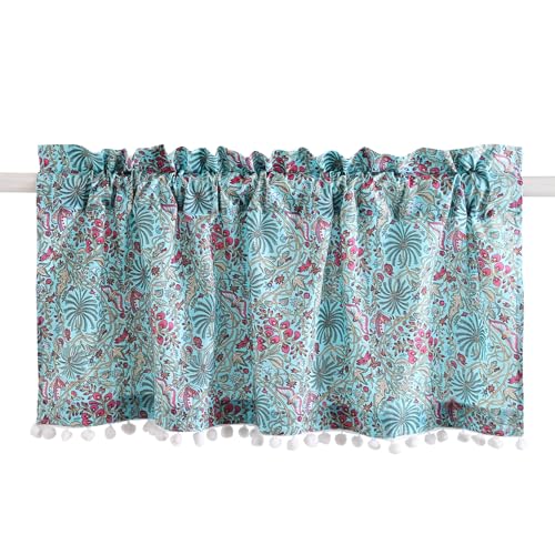Image of Ravaiyaa - Attitude is everything Hand Printed Half Window Kitchen Curtain 100% Cotton Short Drapery Valance Curtain 40 inch X 18 inch Inch (Turquoise Floral)