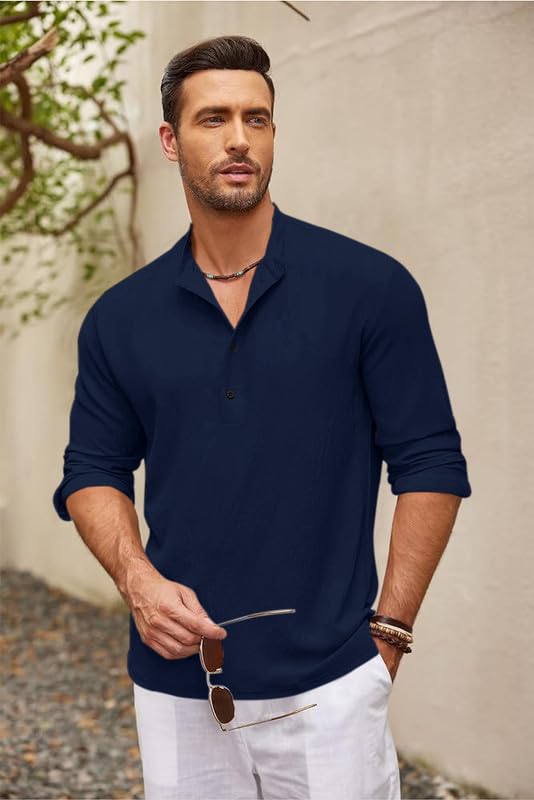 Image of Men's Cotton Blend Straight Kurta Shirt Combo with Mandarin Collar - Slim Fit Casual Short Kurti Set Featuring Textured Slub Fabric and Roll-Up Full Sleeves