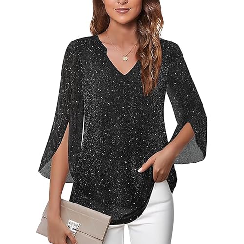 Shimmery Top Sequin Tops for Women Dressy V Neck Ruffle 3/4 Sleeve Sparkly Going Out Top Fall Womens Clothes 2026 Blusas De Verano para Mujer Wardrobe Capsule Woman Over 50 Black - image 5