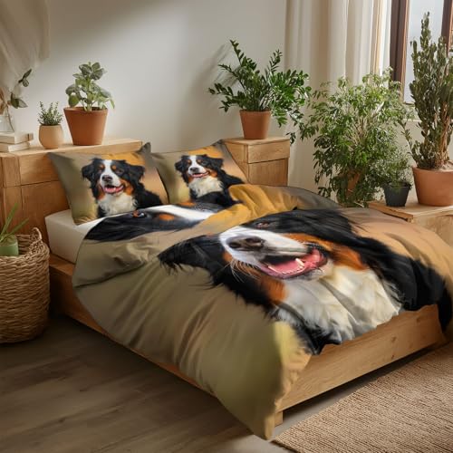 240 x 220 cm Bettwäsche Set Beige, Tier Hund Licht Bedruckte Microfaser Wendebettbezug Weiche Mädchen Winter Bettwäsche mit Reißverschluss für Schlafzimmerdekoration