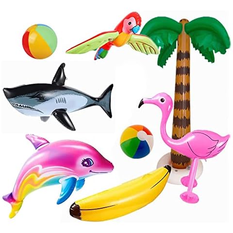 HOMDOWUP Flamingo Banana Beach Ball Parrot Shark Dolphin Inflatable Palm Tree Beach Pool Toys for Party Outdoor Indoor Decorations (8 Pack) Cover