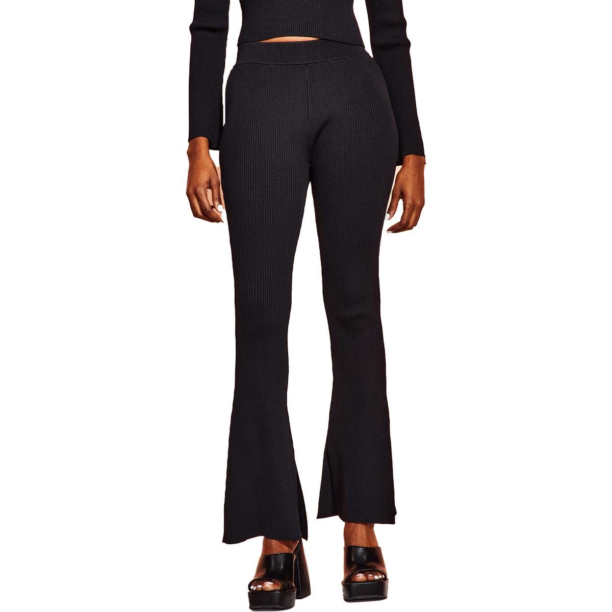 Womens Ribbed Stretch Flare Cropped Pants Black XXL