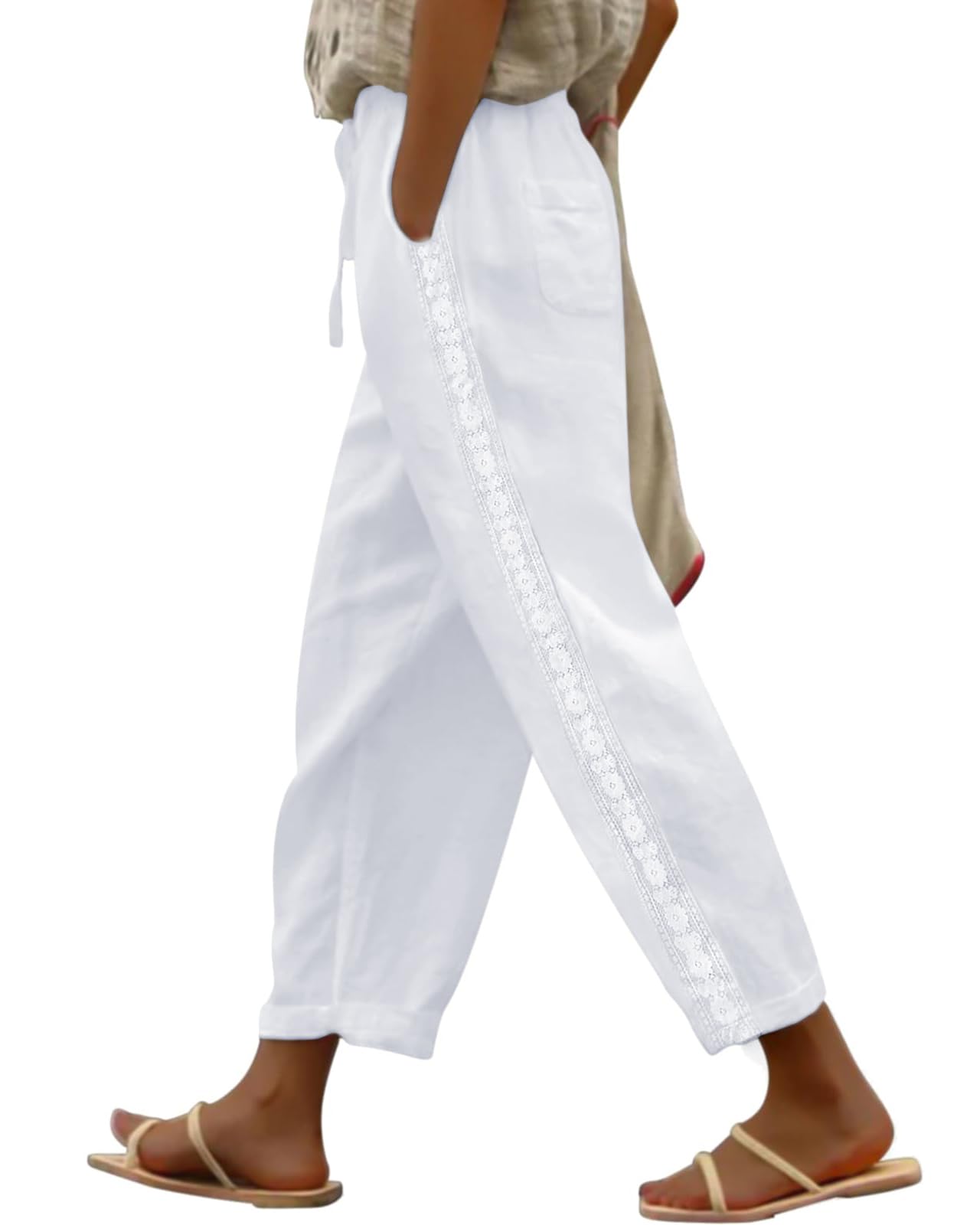 PIDOGYM Womens Linen Capri Pants Lightweight Casual Summer Pants with Drawstring Elastic Waist Lace Side