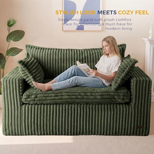 Image of MAXYOYO 59 inch Bean Bag Sofa Couch, Loveseat Boneless Couch in a Box, Upholstered Small Mini Sofa with Deep Seating for Living Room Bedroom Office Apartment, No Assembly, Dark Green