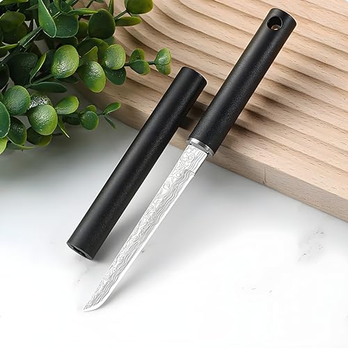 Image of Wizbiz Premium Japanese-Style Utility Knife | Damascus Pattern Blade with Black Sheath | Slim Fixed Blade Kitchen EDC Use | Sleek Handle Design