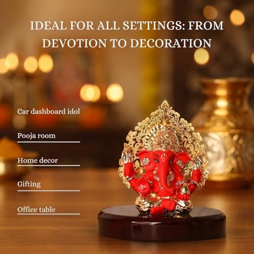 Image of Gold Plated Kalpavrikshya Tree Ganesh Idol Ganpati Murti for Car Dashboard, Office Desk, Hindu God Gift & Home Decor - Resin (Red) - 3 Inches - Pack of 1