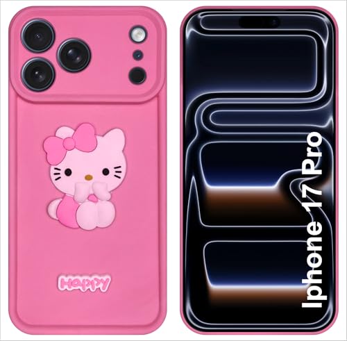 Image of Silicone Back Cover Case for iPhone 17 Pro | Cute Fun 3D Happy Kitty Design Silicone Case | Camera Protection Bump | Shockproof Back Cover Case for iPhone 17 Pro (Pink)