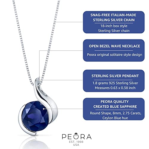 PEORA 2.75 Carats Created Blue Sapphire Pendant Necklace for Women 925 Sterling Silver, Open Bezel Wave Solitaire, Round Shape 8mm with 18 inch Chain, Sparkling Blue Sapphire Necklace,4