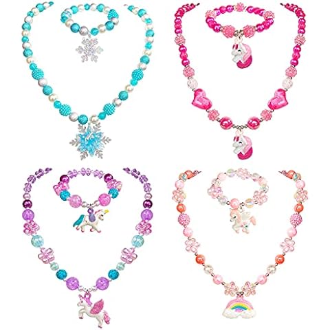 EleMirsa 4 Sets Girl Unicorn Necklace Bracelet Set Little Girl Princess Party Favor Dress up Necklace Jewelry Gift for Toddlers Kids Jewel Set Gift Box Cover