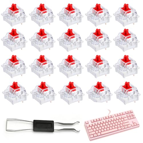 QACUU 20 Stück Mechanische Tastenschalter Set – Silent Red Switches Mit Positionierungsschlitz, Inklusive Switch Puller Und Keycaps, Ersatzteile Für Mechanische Tastaturen DIY