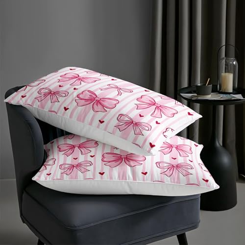 Image of AILONEN Pink Bow Comforter Twin 3 Piece Set Coquette Aesthetic Bedding Cute Ribbon Stripe Quilted Blanket Girls Dorm Decor Kawaii Soft Microfiber Duvet Alternative 2 Pillowcases