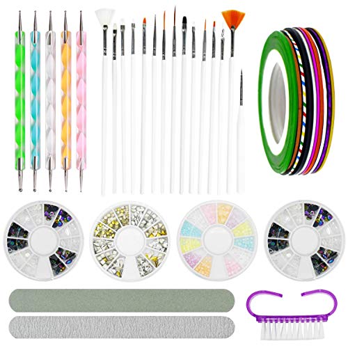 Nail Art Set Nail Art Tool Kit Nail Painting Kit 15 Pcs Art Brushes & 5 Pcs Dotting Pen & 4 Pcs Color Nails Rhinestones & 10 Pcs Nail Art Striping Tape & 1 Pcs Nail Sanding Files & 1 Pcs Buffing Block