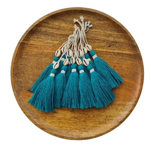 Image of Zippy Flora Handmade Cotton Tassels with Cowrie Shells for DIY & Crafts Project, Pack of 10 (Aqua Blue)