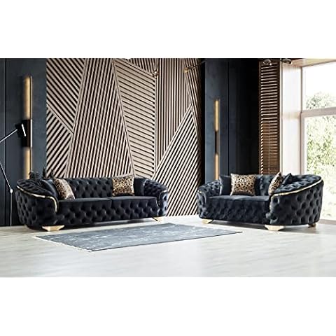 STAFFORA Sofa Set - Lupino Modern Black Velvet Sofa Couch and Loveseat for Living Room - Contemporary Couches Home Furniture with Traditional Details (3+2 Seat, Black) Cover