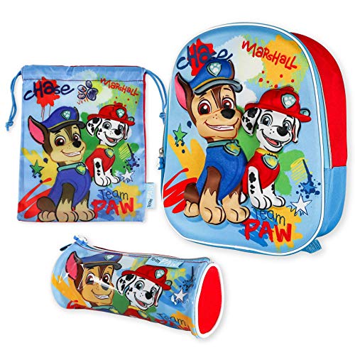 Mochila Infantil 3D, Estuche Escolar y Bolsa Merienda de Cuerdas Pack Diseño Colorido - Patrulla Canina | Mochila Escolar Niño de 3 Años | Material Escuela Primaria, Vuelta al Cole Patrulla Canina