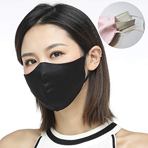NMM Global Mulberry Silk Face Mask for Women Men & Kids, 3D Masks for Acne Prone and Sensitive Skin, with a Filter Pocket (Black)
