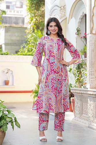 Image of Pistaa's Women Pure Cotton Paisley Printed A-Line Kurta with Pants Set