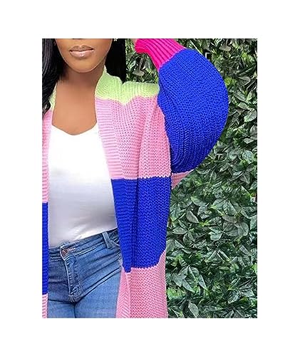 SOMTHRON Women's Fall Cardigan Sweater Open Front Color Block Striped Knit Long Draped Coat Duster Outerwear4