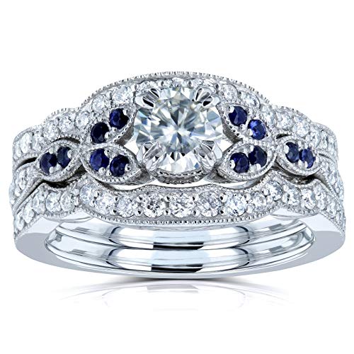 Kobelli Floral Round Moissanite Double Band Bridal Set and Sapphire 1 CTW 14k White Gold (GH/VS, GH/I, Blue)
