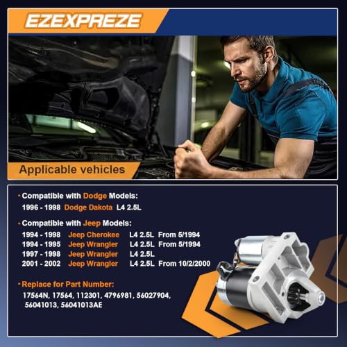 Image of Ezexpreze 17564 New Starter for Jeep Wrangler 1994-1995 /1997-1998 /2001-2002, Cherokee 1994-1998 & Dodge Dakota 1996-1998, L4 2.5L