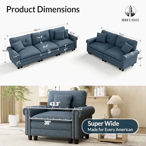Image of HERA'S HOUSE Modular Sectional Sofa Set for Living Room 2-Piece Deep Seats | Mid-Century Modern 5-Seater Cloud Sofa Set, Cyan, Rolled Arms & Nailhead Trim, Wider & Deeper Seats, Linen Furniture Set