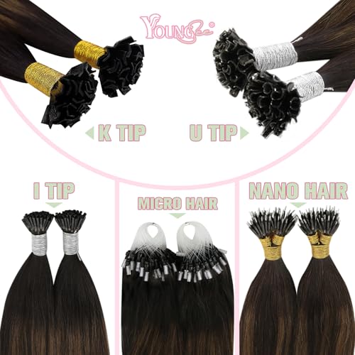 Image of YoungSee K Tip Human Hair Extensions Brown Ombre Ktip Hair Extensions Human Hair Balayage Dark Brown with Medium Brown Ktips Extensions Real Human Hair for Women 18Inch 50G 50S