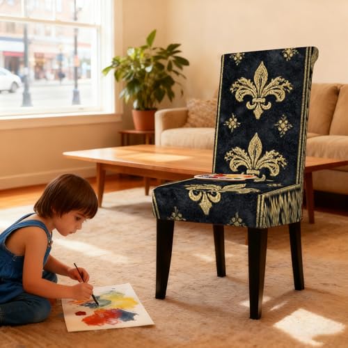 Image of Nuxovilar 4PCS Black Gold Fleur-de-lis Stretch Chair Covers | Stretch Slipcover Elegant Protector Fleur Wrap Seat Guard Dining Room Formal Banquet Event (Fleur-de-lis)