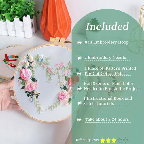 Image of FONNUY Love Heart Crewel Embroidery Kit for Beginners, Pre-Stamped Pattern Kits for Adults with Hoop, Easy to Follow Color Thread Needlework, 8'' Hoop (Floral Heart)