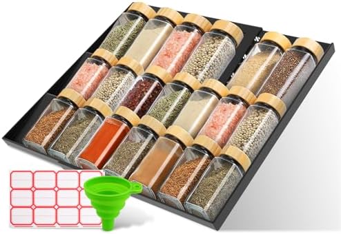 Spice Rack Drawer Organizer, Upgrade Expandable Seasoning Organizer Rack - 11" to 22" Width with Labels, Silicone Funnel, 3-Tier Design for Drawer, Countertop (Jars Not Included) Black