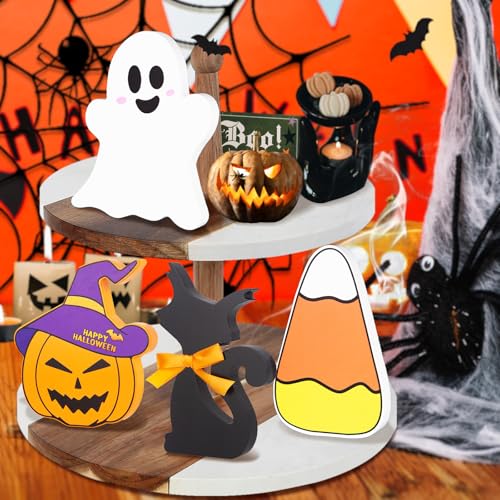 Wooden-Ghost-Theme-Table-CenterpiecesCute-Halloween-Decorations-Indoor-Spooky-DecorationsBlack-Cat-Candy-CornPumpkin-Ghost-Table-Signs-Tiered-Tray-Decor-for-Rustic-Farmhouse-Home-Mantle4-Pcs