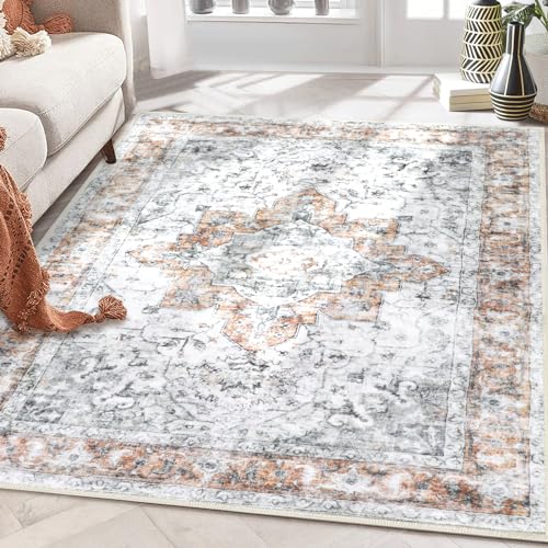 COMSLE Alfombra bohemia de 4 x 6 pies para sala de estar, lavable, para dormitorio, lana sintética, envejecida, absorbente, antideslizante, color naranja